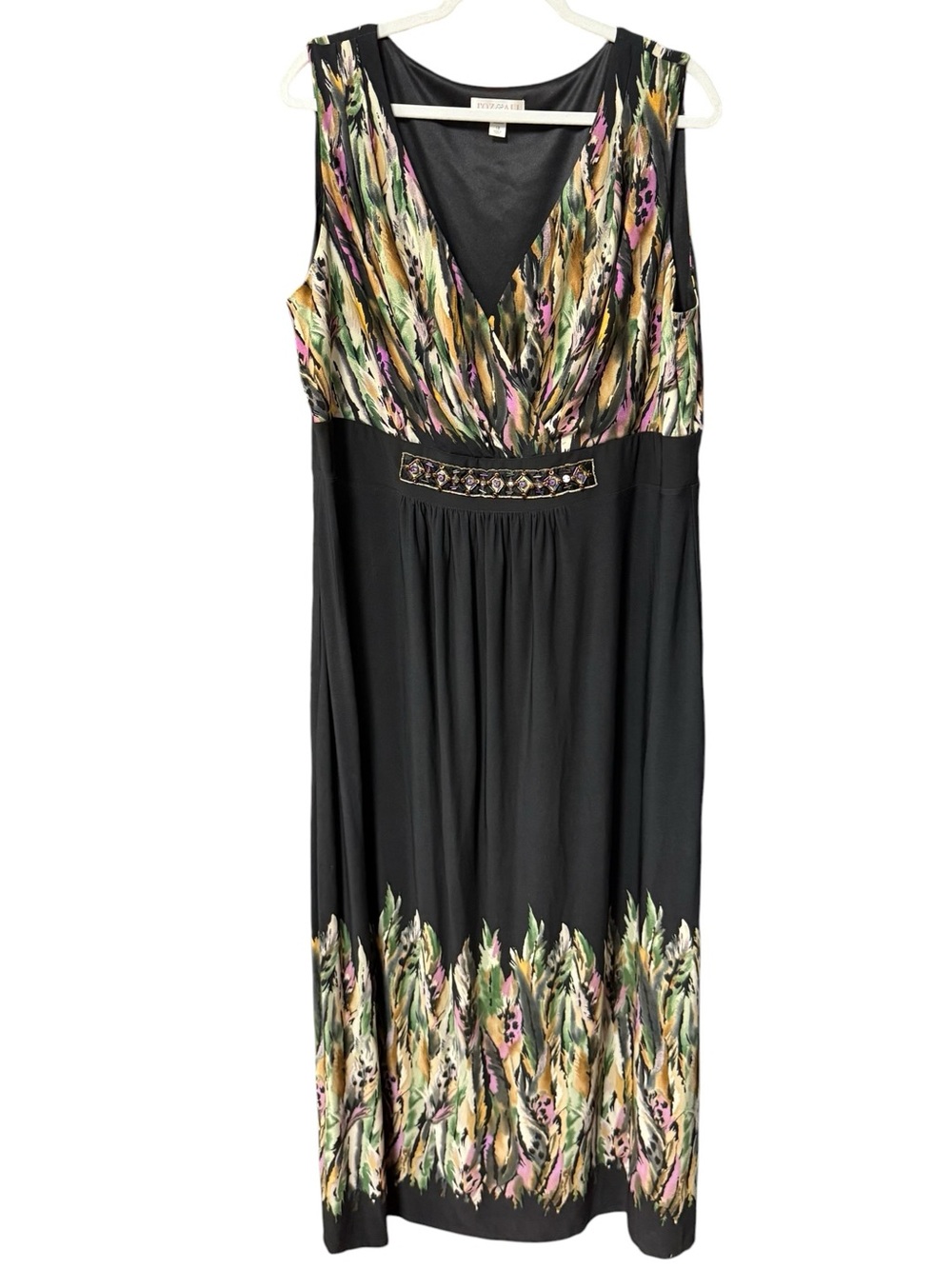 Roz & Ali women’s size 18 maxi dress black multicolored beaded cocktail evening